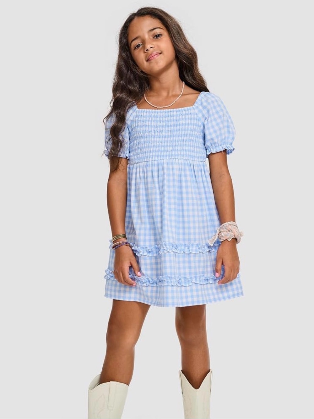 NWT The Children’s Place Girls Gingham Smocked Babydoll Dress, Size Large 10/12
